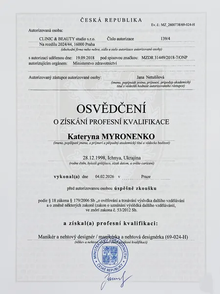 Osvědčení o profesní kvalifikaci: Manikérka a nehtová designérka (69-024-H) — MZ ČR, 04. 02. 2026